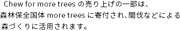 Chew for more trees の売り上げの一部は、森林保全国体more treesに寄付され、間伐などによる
森づくりに活用されます。